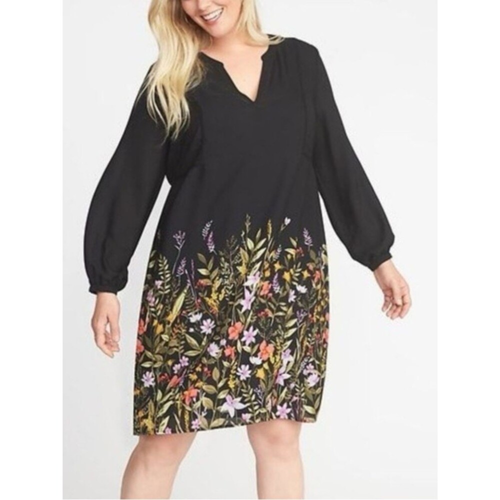 Old Navy Boho Black Floral Long Sleeve V Neck Swing Dress Lace Semi Sheer L